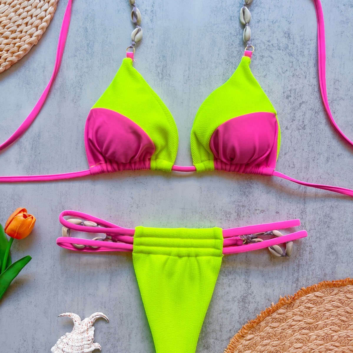 Swimsuit Bikini Ruched - Set Bikini Halter 2-Potong Wanita 2026,
