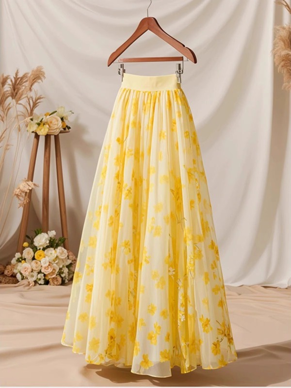 Rok A-Line Kuning Pinggang Tin - Midi Skirt Floral ulasan dan harga