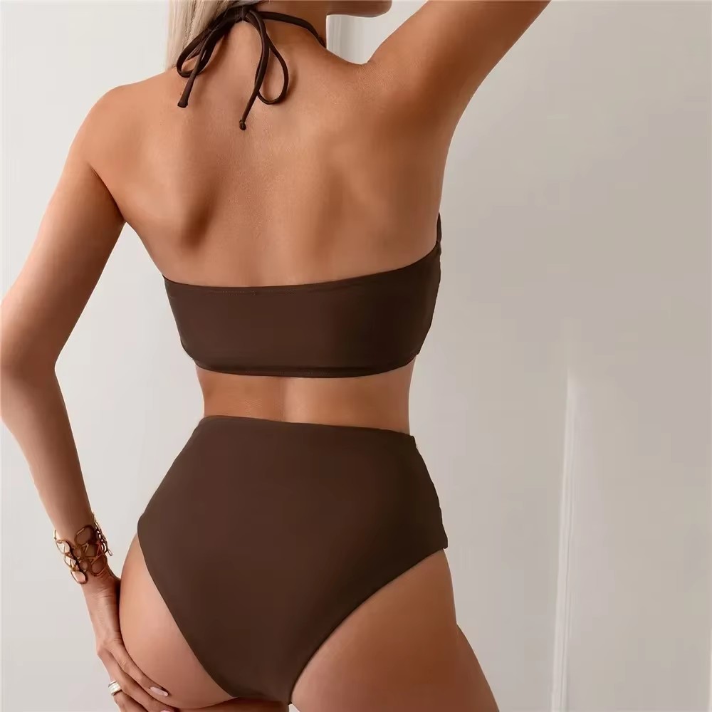Baju Renang Solid Cokelat Tua  - Swimsuit Bikini Ruched ulasan dan harga