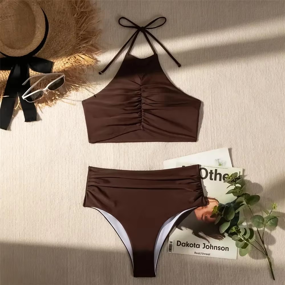 Baju Renang Solid Cokelat Tua  - Swimsuit Bikini Ruched ulasan dan harga